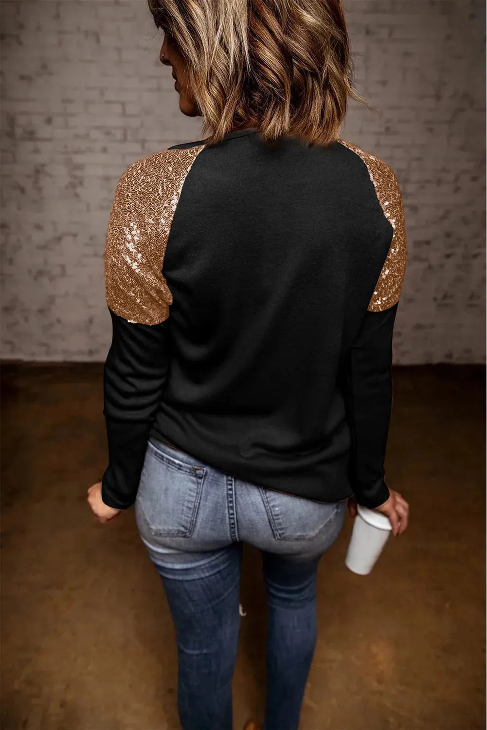 Sequin Round Neck Long Sleeve Blouse - Wellen Fashion