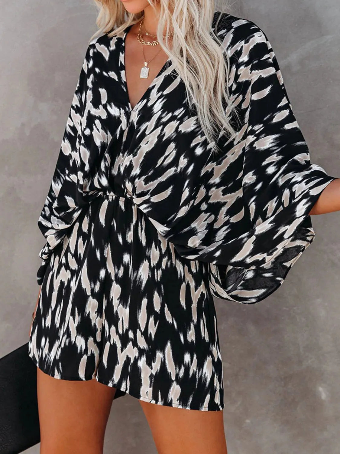 Tied Printed Kimono Sleeve Romper - Wellen Fashion