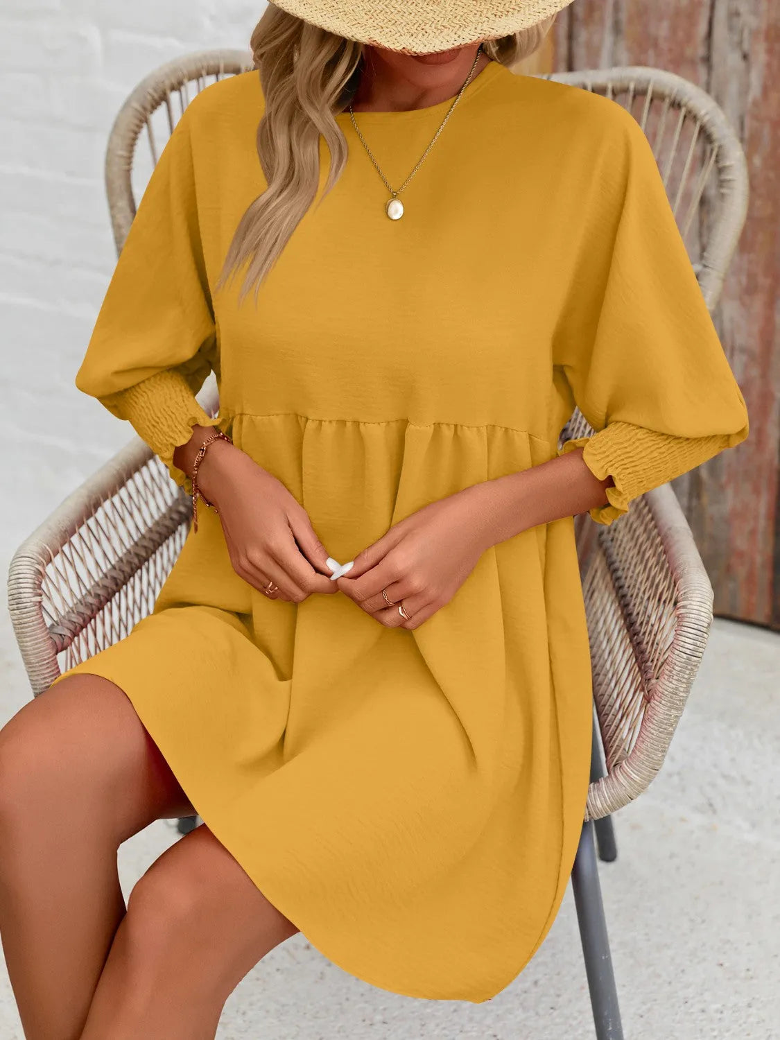 Round Neck Lantern Sleeve Mini Dress - Wellen Fashion