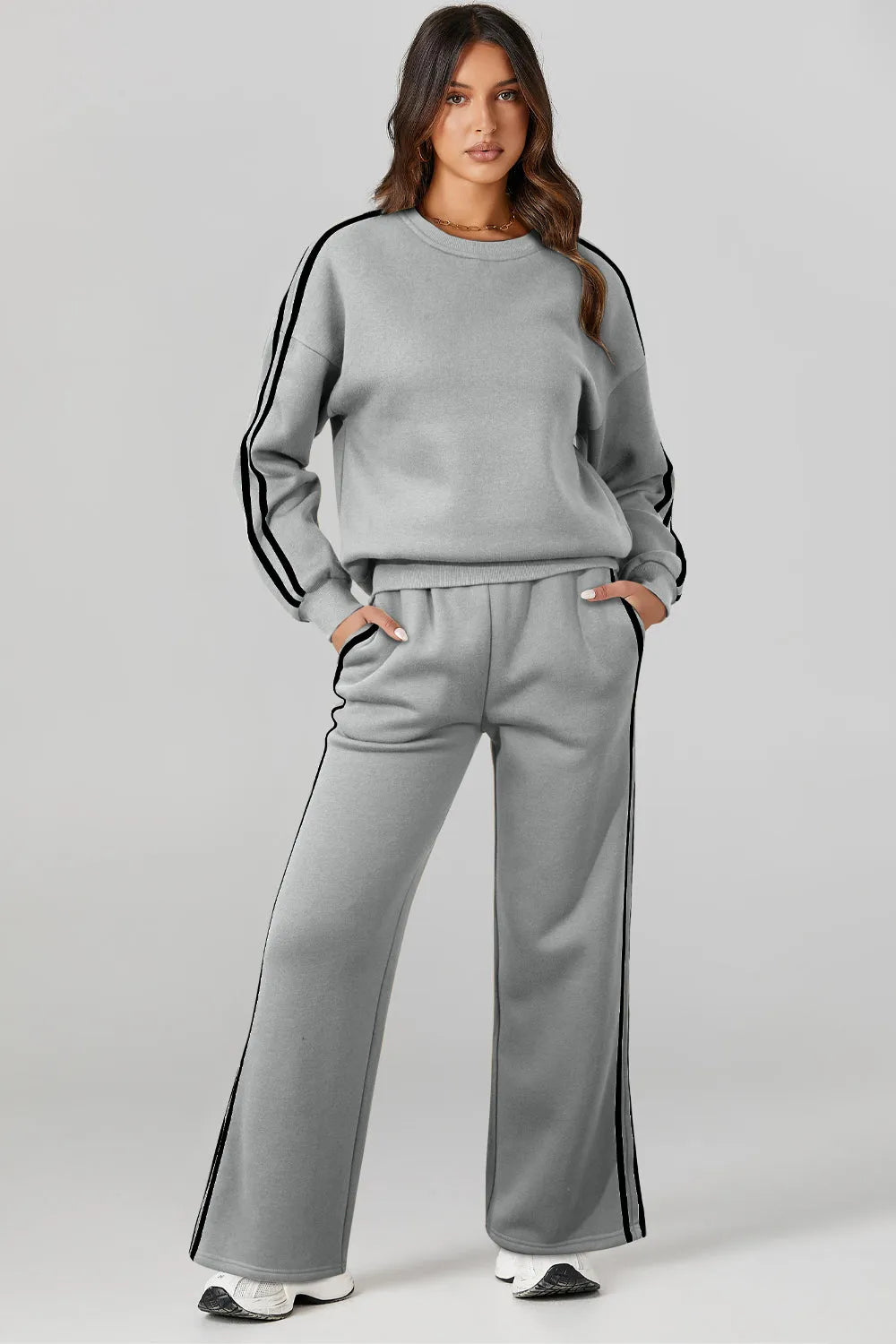 Round Neck Long Sleeve Top and Pants Active Set - Wellen Fashion