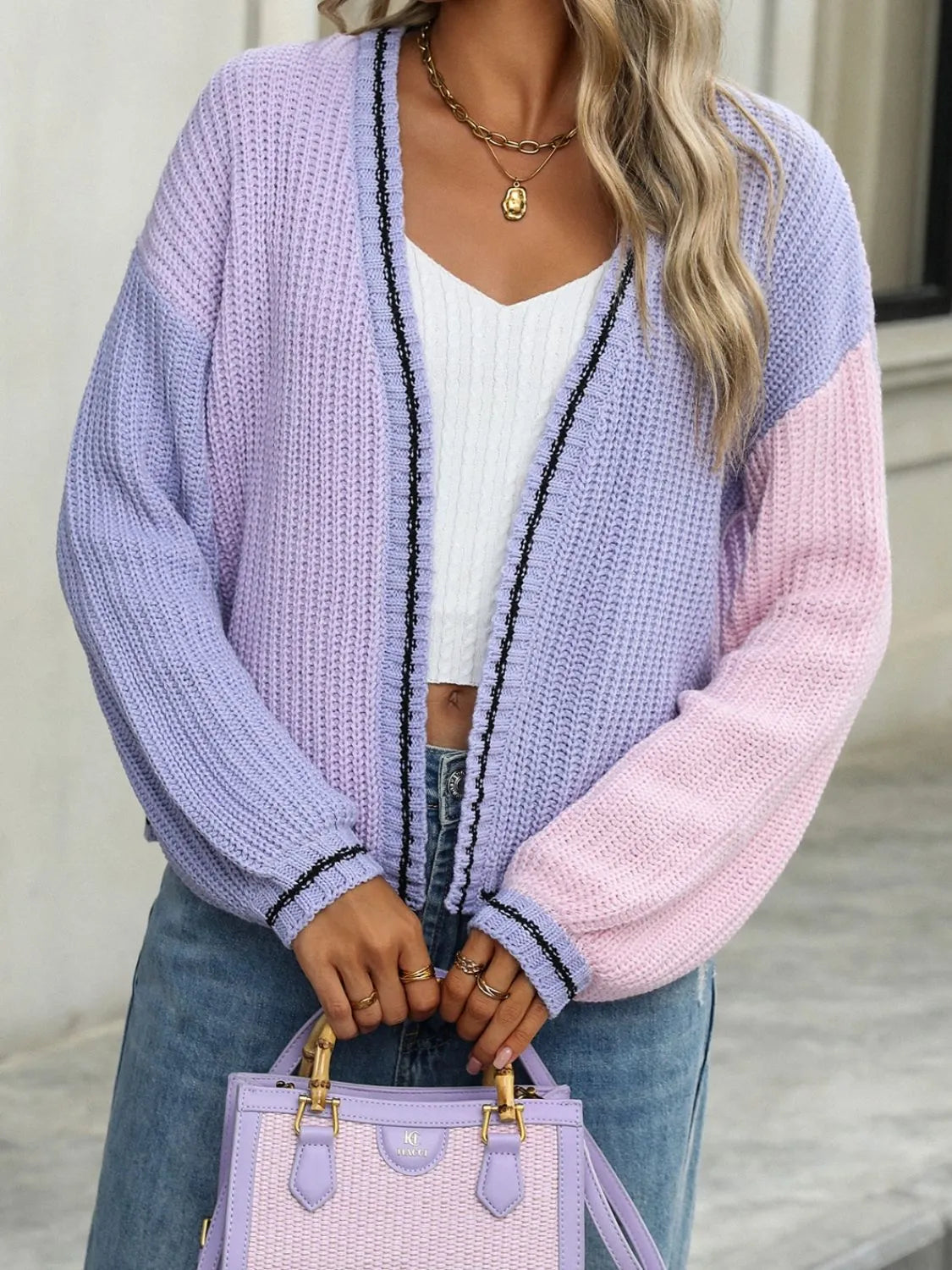 Contrast Open Front Long Sleeve Cardigan - Wellen Fashion