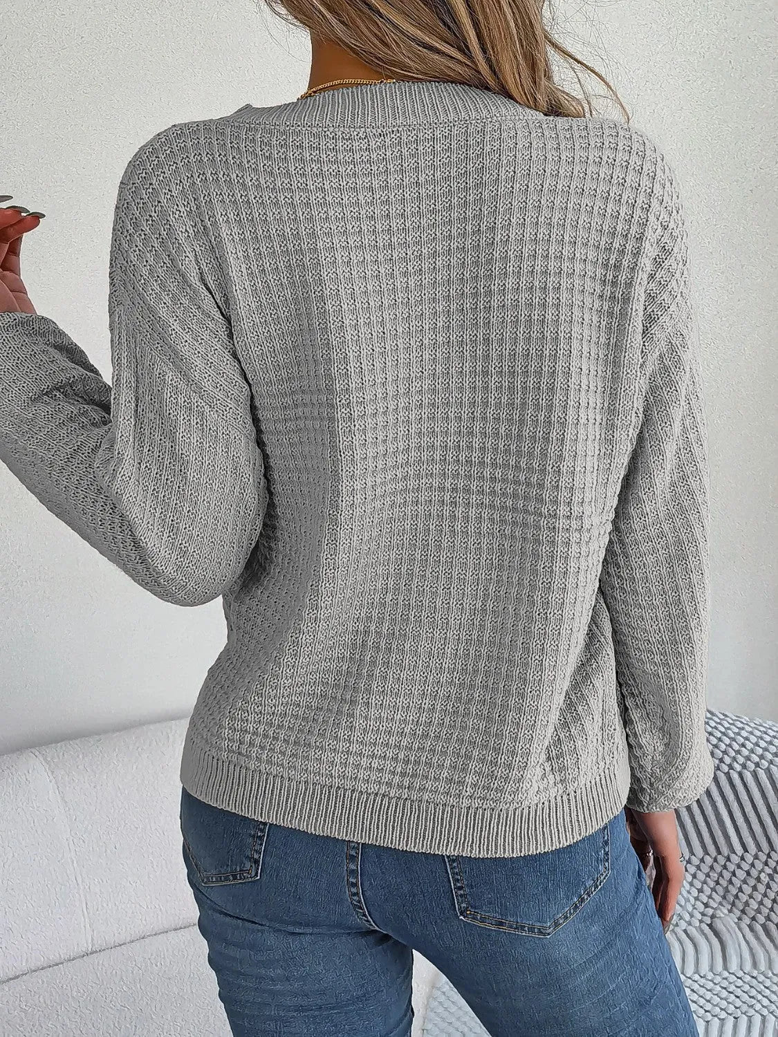 Cable-Knit Round Neck Long Sleeve Sweater - Wellen Fashion