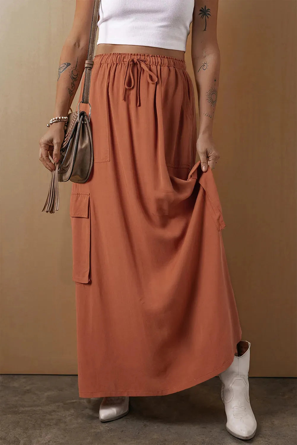 Drawstring Maxi Skirt with Pockets - Wellen Fashion