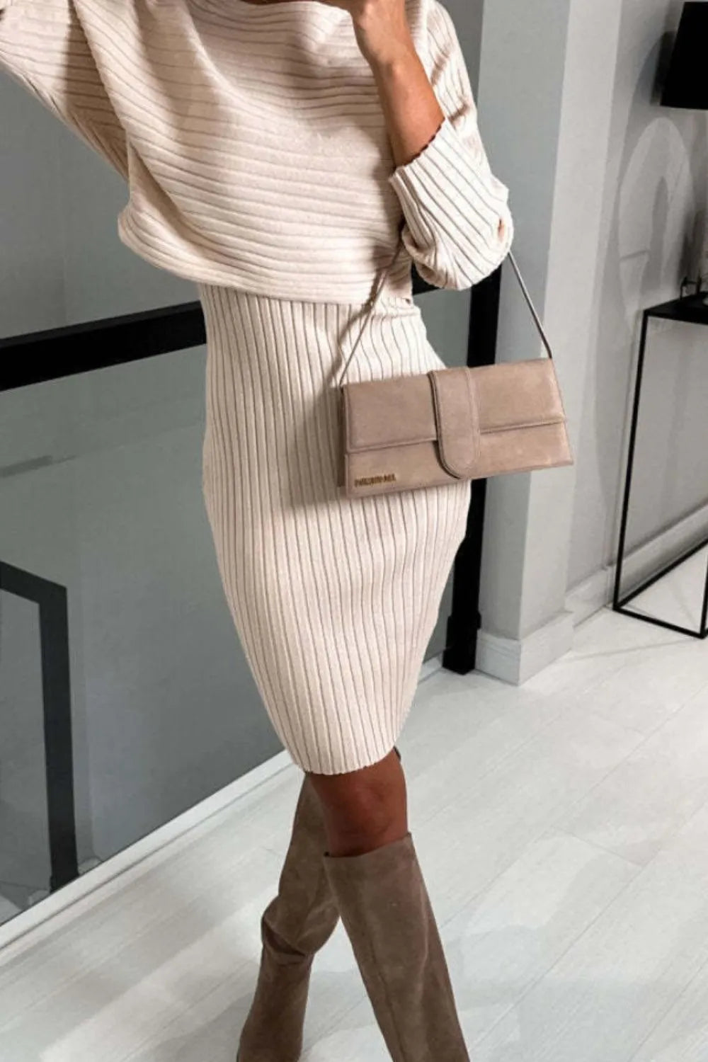 Ribbed Round Neck Top and Cami Dress Sweater Set - Wellen Fashion