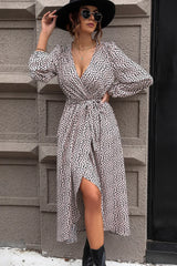 Slit Printed Surplice Balloon Sleeve Dress - Wellen Fashion