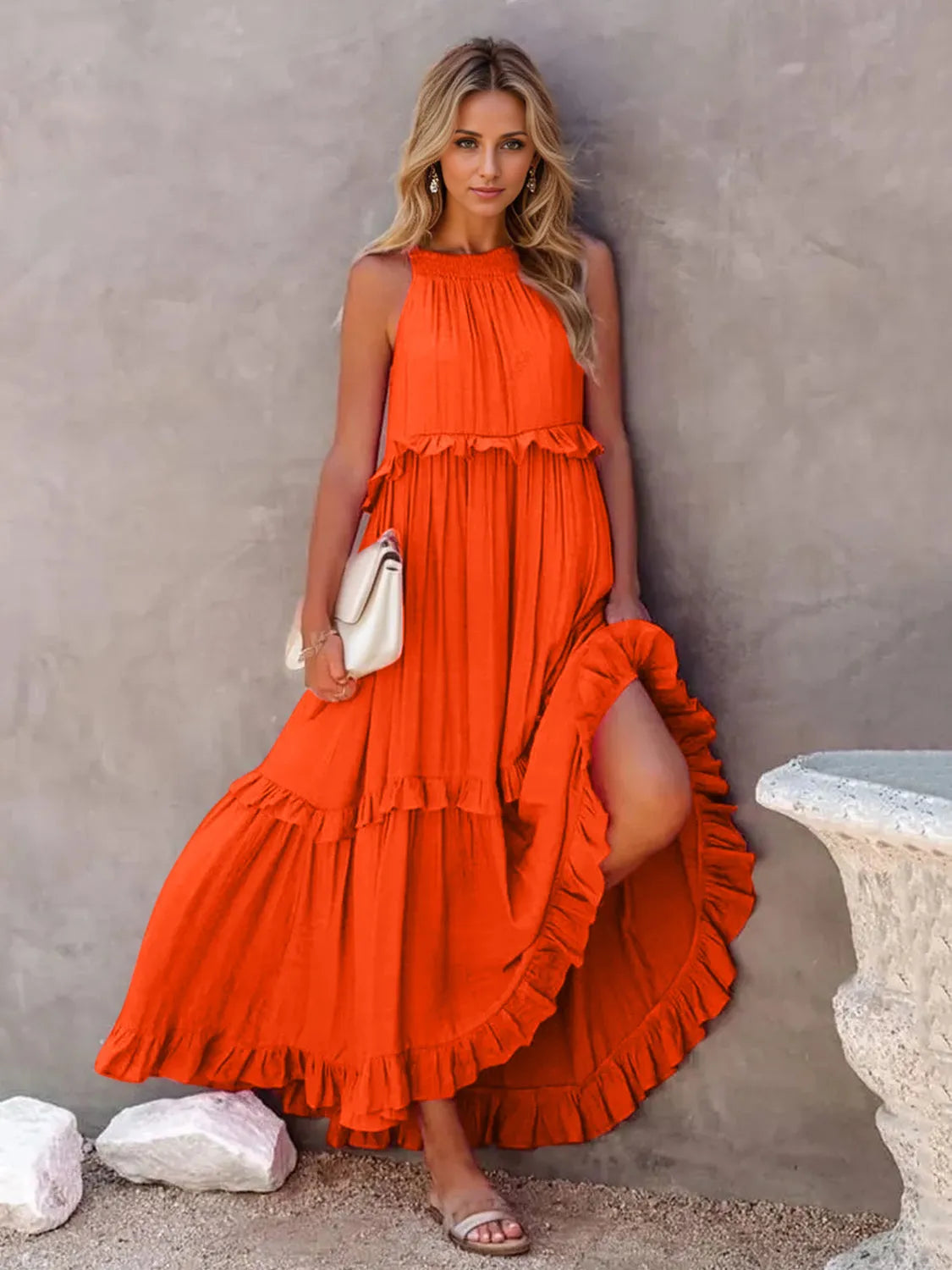 Ruffled Sleeveless Tiered Maxi Dress with Pockets - Wellen Fashion