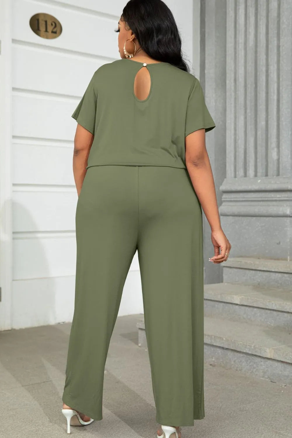 Plus Size Drawstring Waist Short Sleeve Jumpsuit - Wellen Fashion