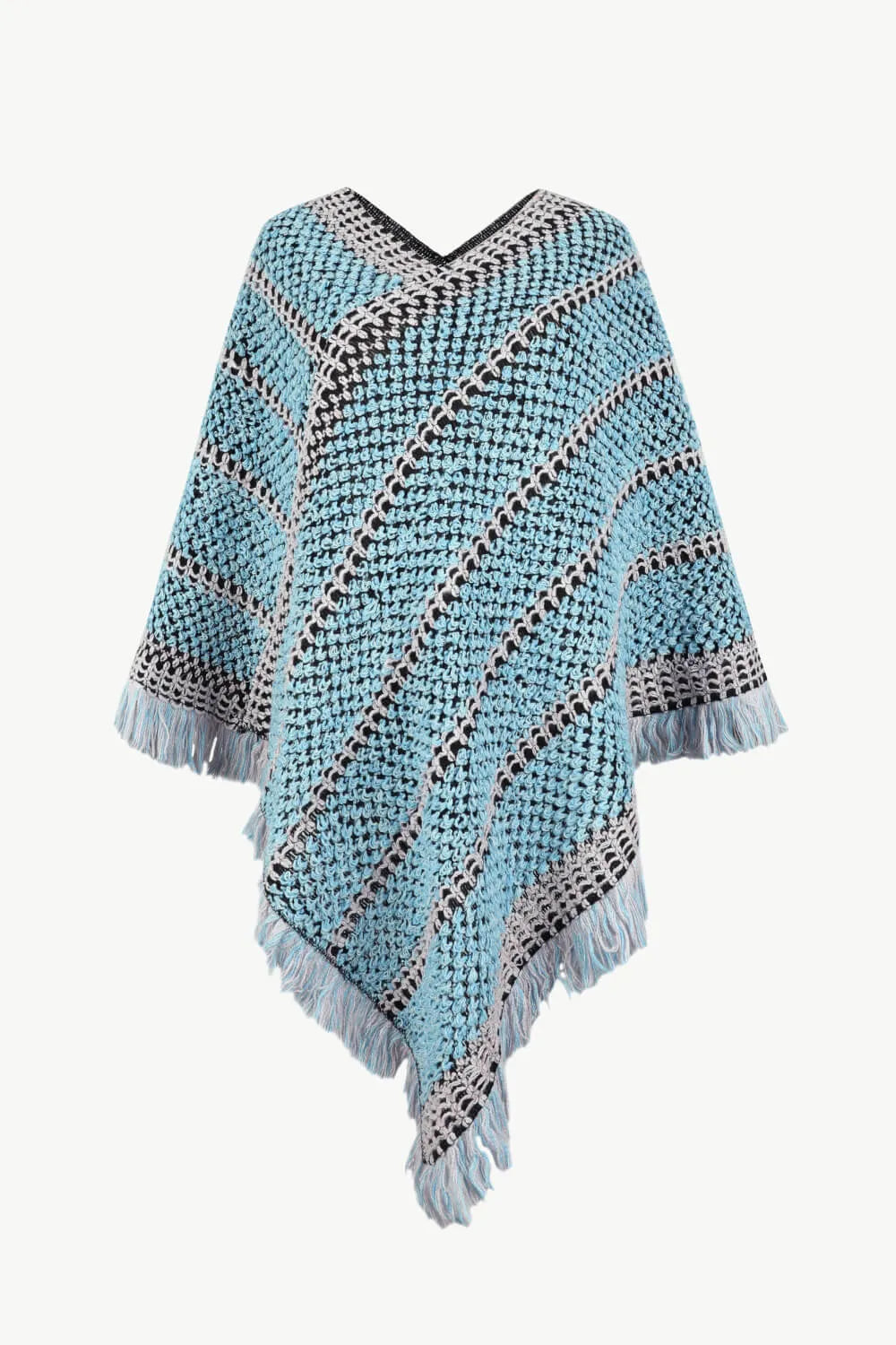 V-Neck Fringe Hem Poncho - Wellen Fashion