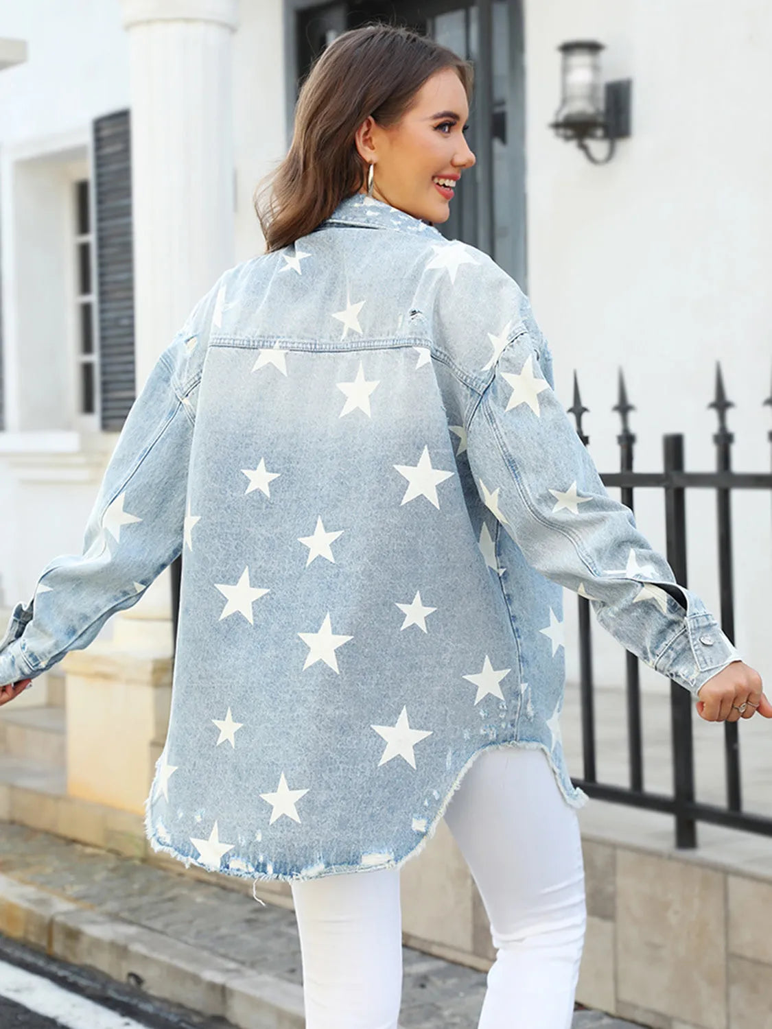 Star Denim Jacket with Pockets - Wellen Fashion