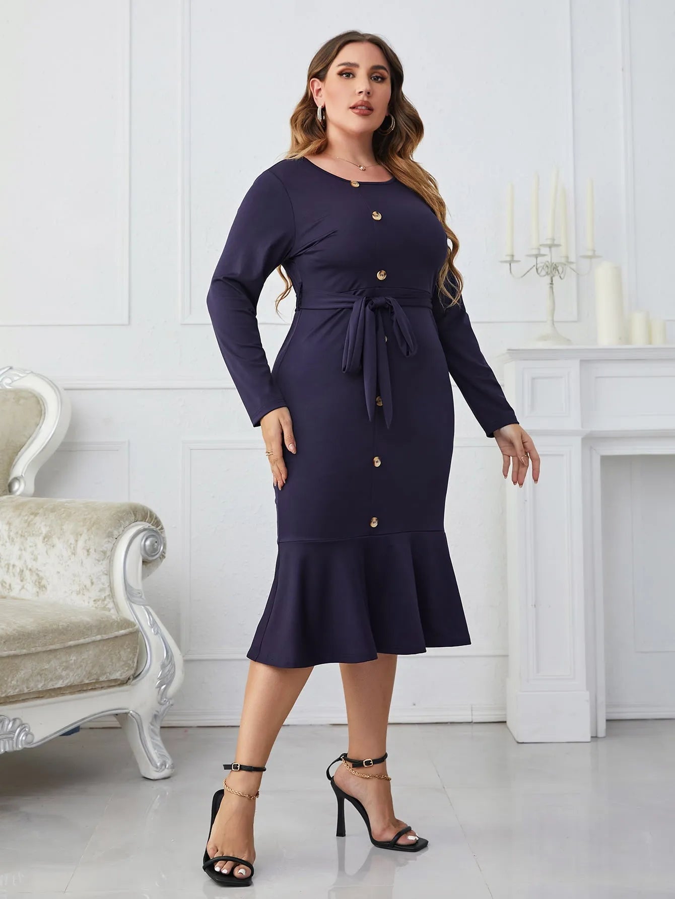 Honey Melo Apparel Plus Size Buttoned Round Neck Tie Belt Midi Dress - Wellen Fashion