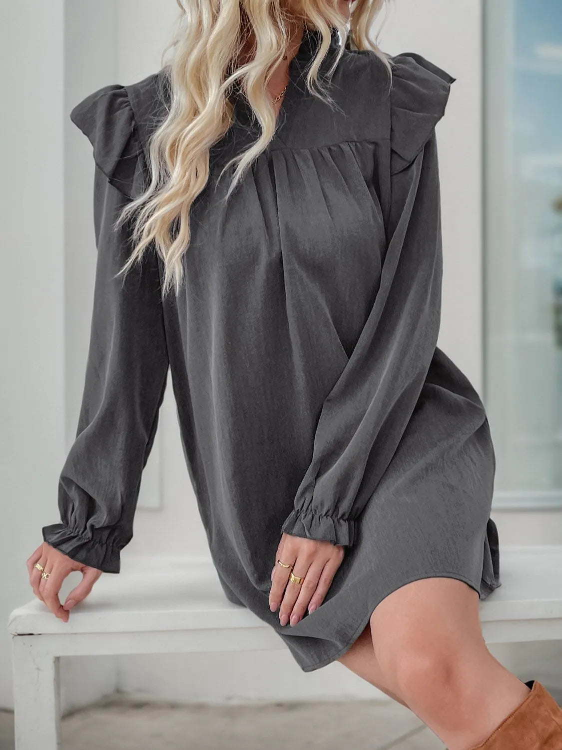 Perfee Ruffled Notched Long Sleeve Mini Dress - Wellen Fashion