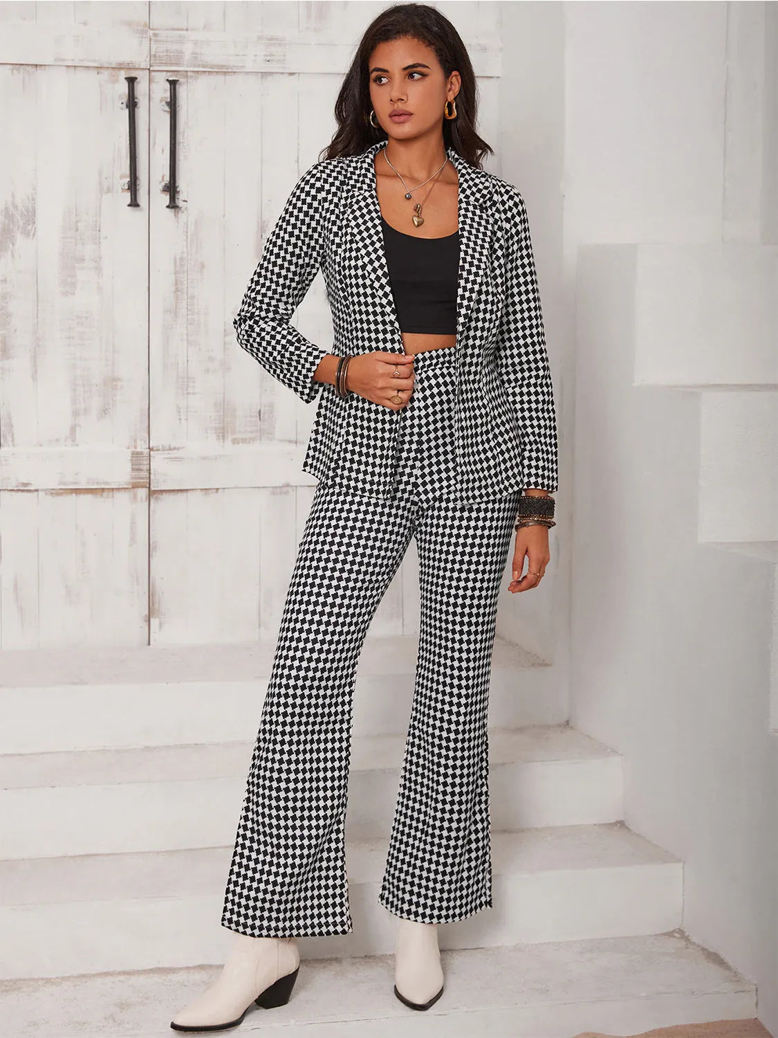 Checkered Blazer & Slit Pants Set - Wellen Fashion