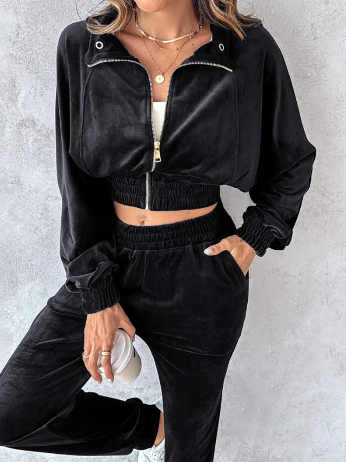 Zip Up Long Sleeve Cropped Top and Joggers Set - Wellen Fashion