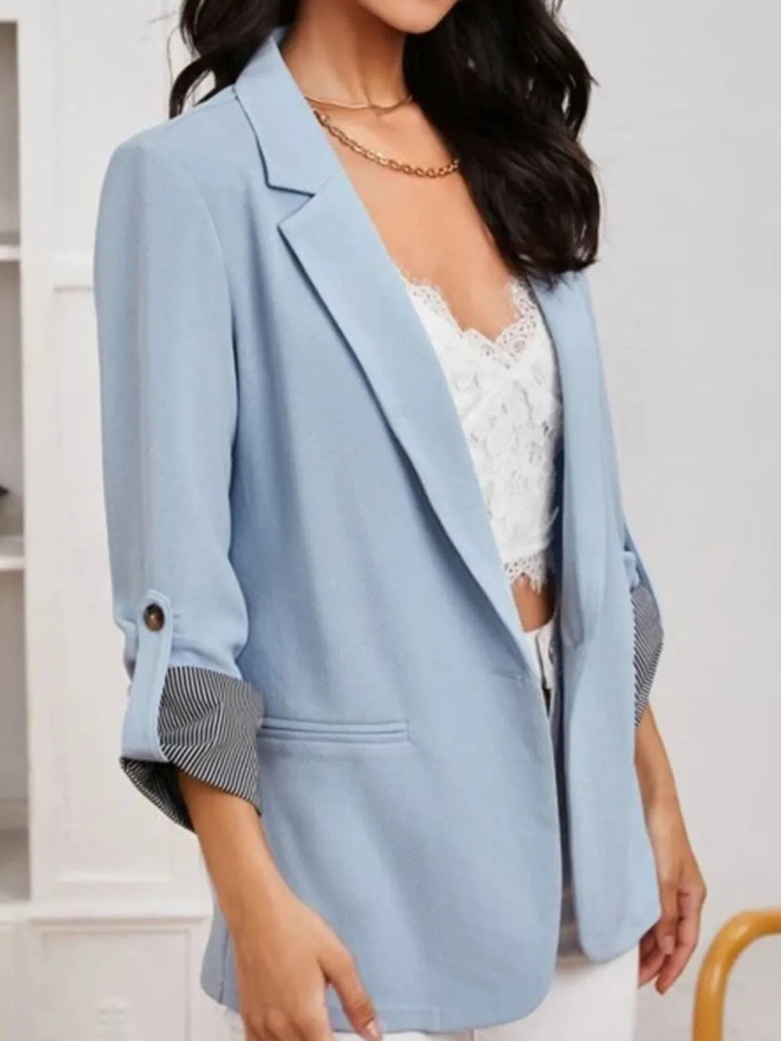 Lapel Collar Roll-Tab Sleeve Blazer - Wellen Fashion