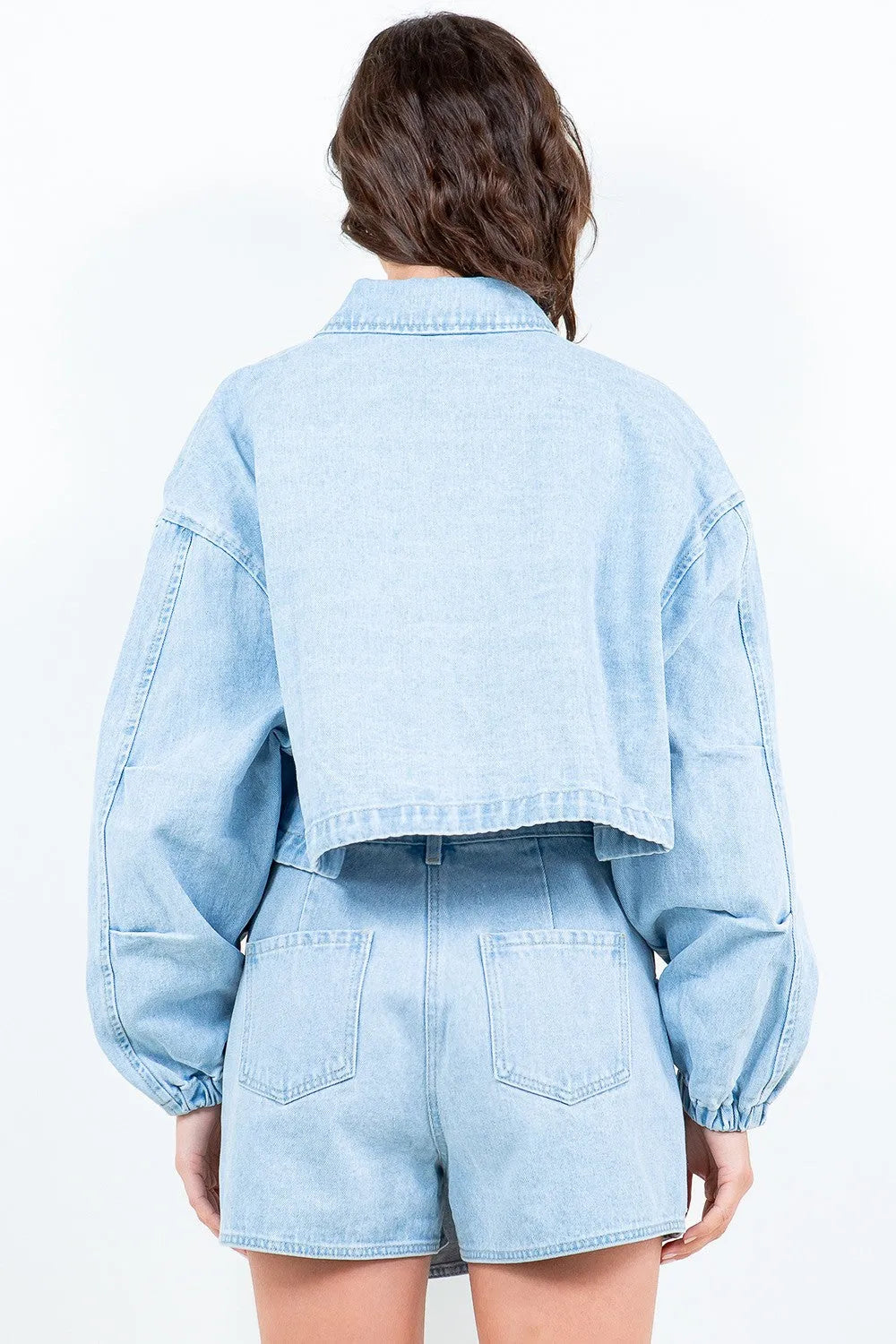 American Bazi Drawstring Waist Crop Denim Jacket - Wellen Fashion