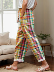 Tied Contrast Plaid Pants with Pockets - Wellen Fashion