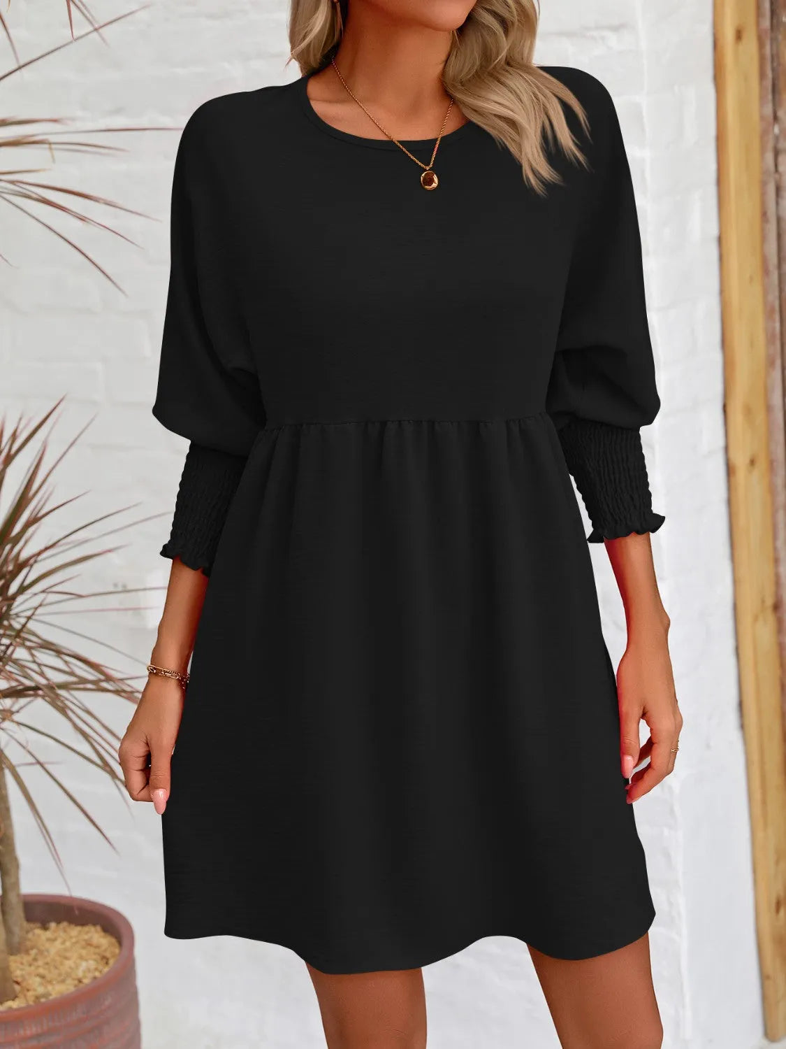 Round Neck Lantern Sleeve Mini Dress - Wellen Fashion