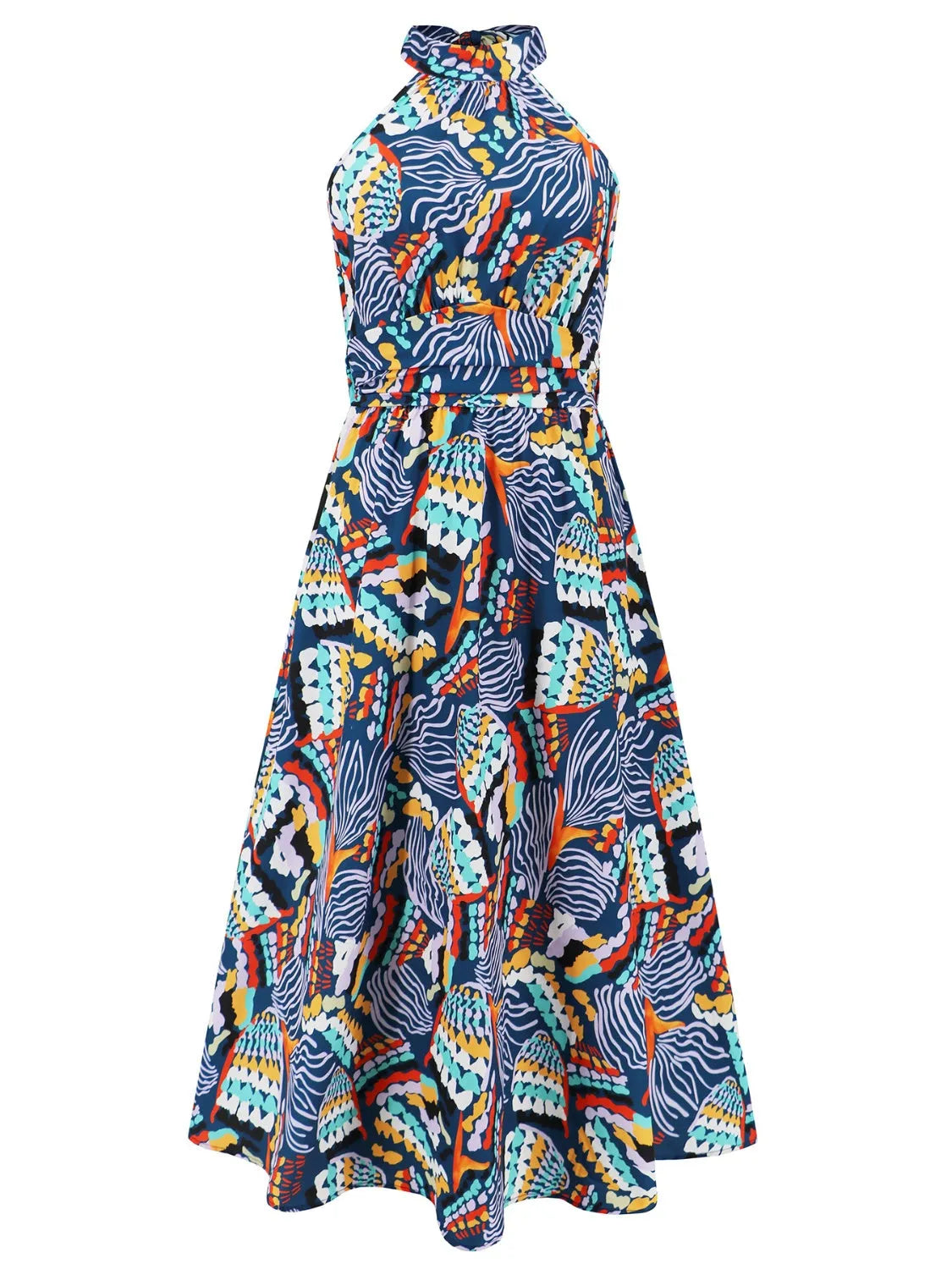 Ruched Printed Halter Neck Dress - Wellen Fashion