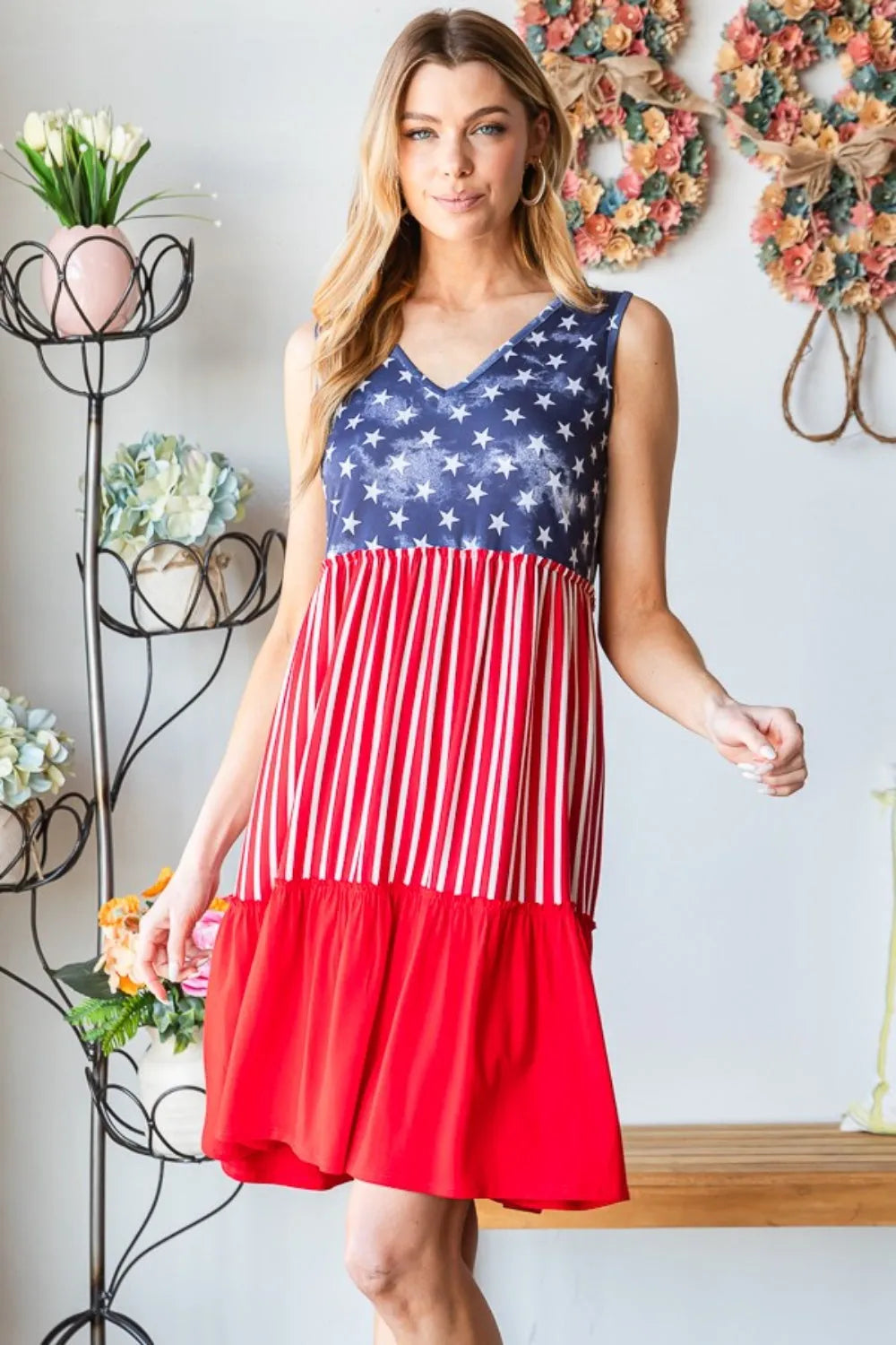 Heimish Full Size US Flag Theme Contrast Tank Dress - Wellen Fashion