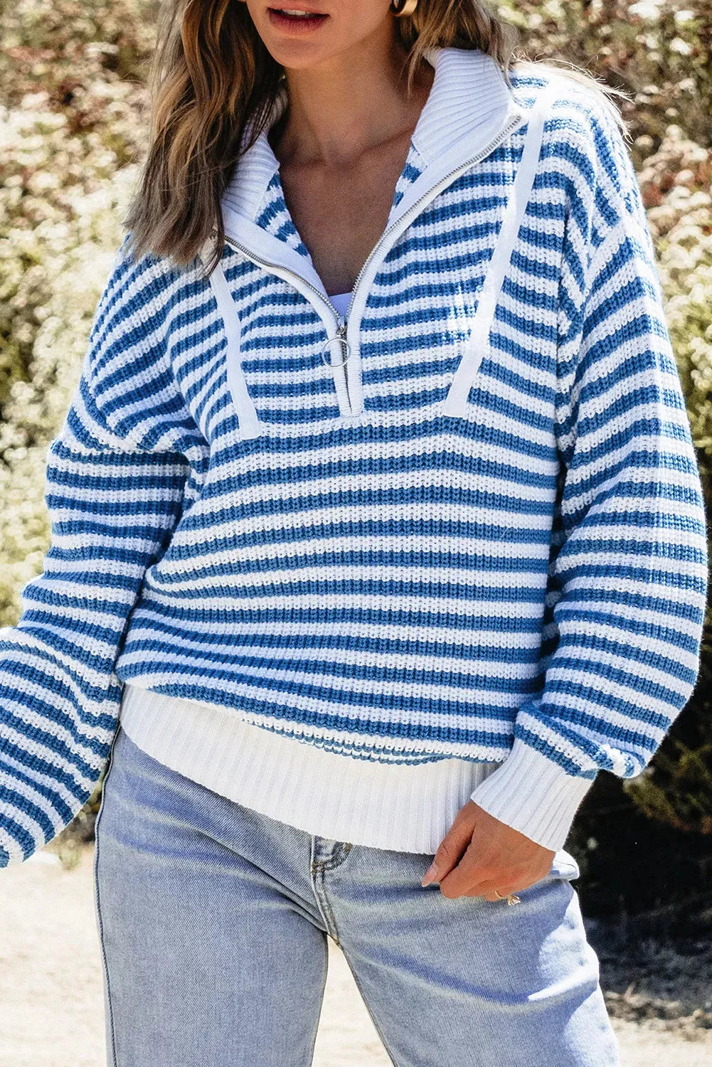 Striped Half Zip Long Sleeve Sweater - Wellen Fashion