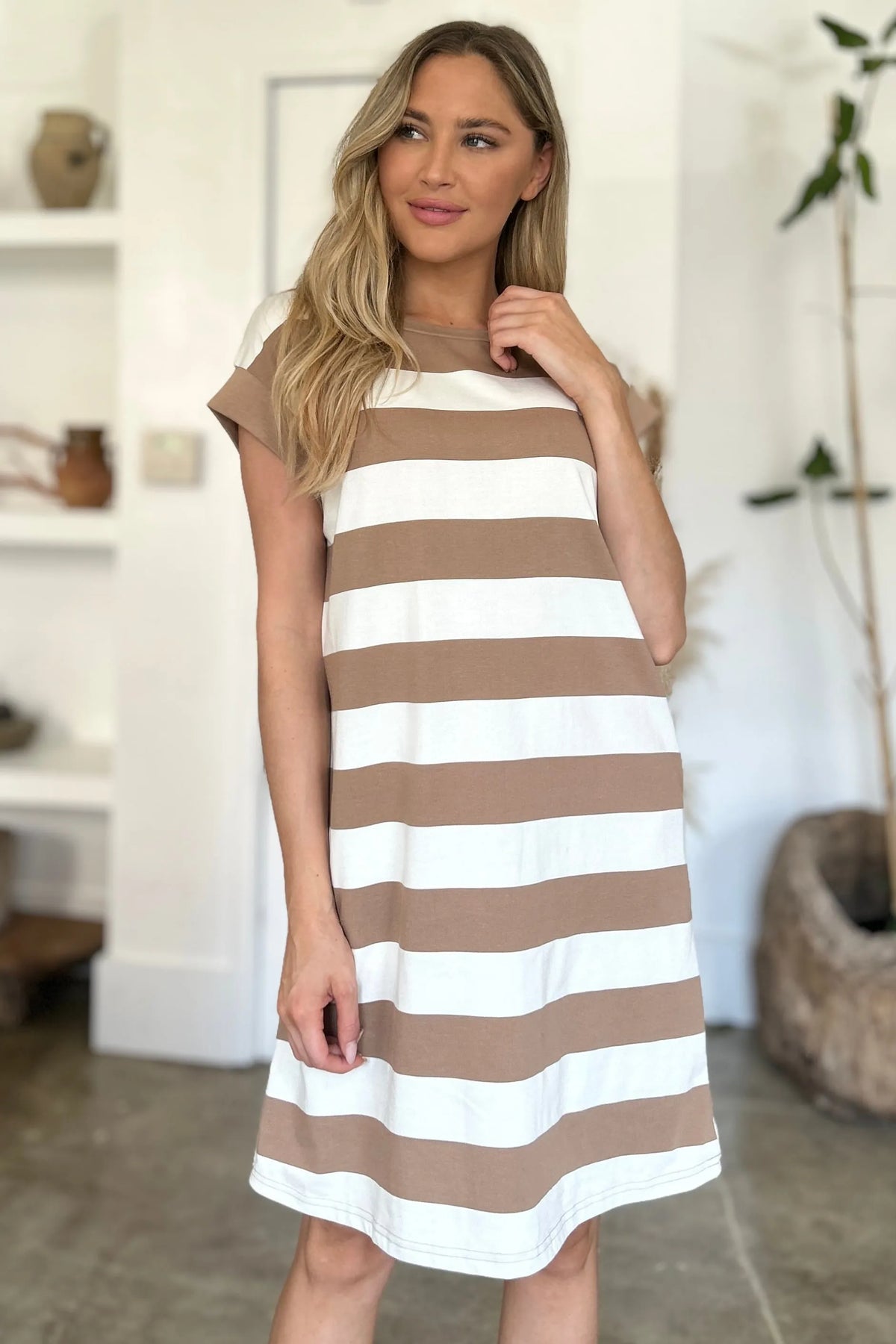 Basic Bae Full Size Striped Round Neck Cap Sleeve Mini Dress - Wellen Fashion