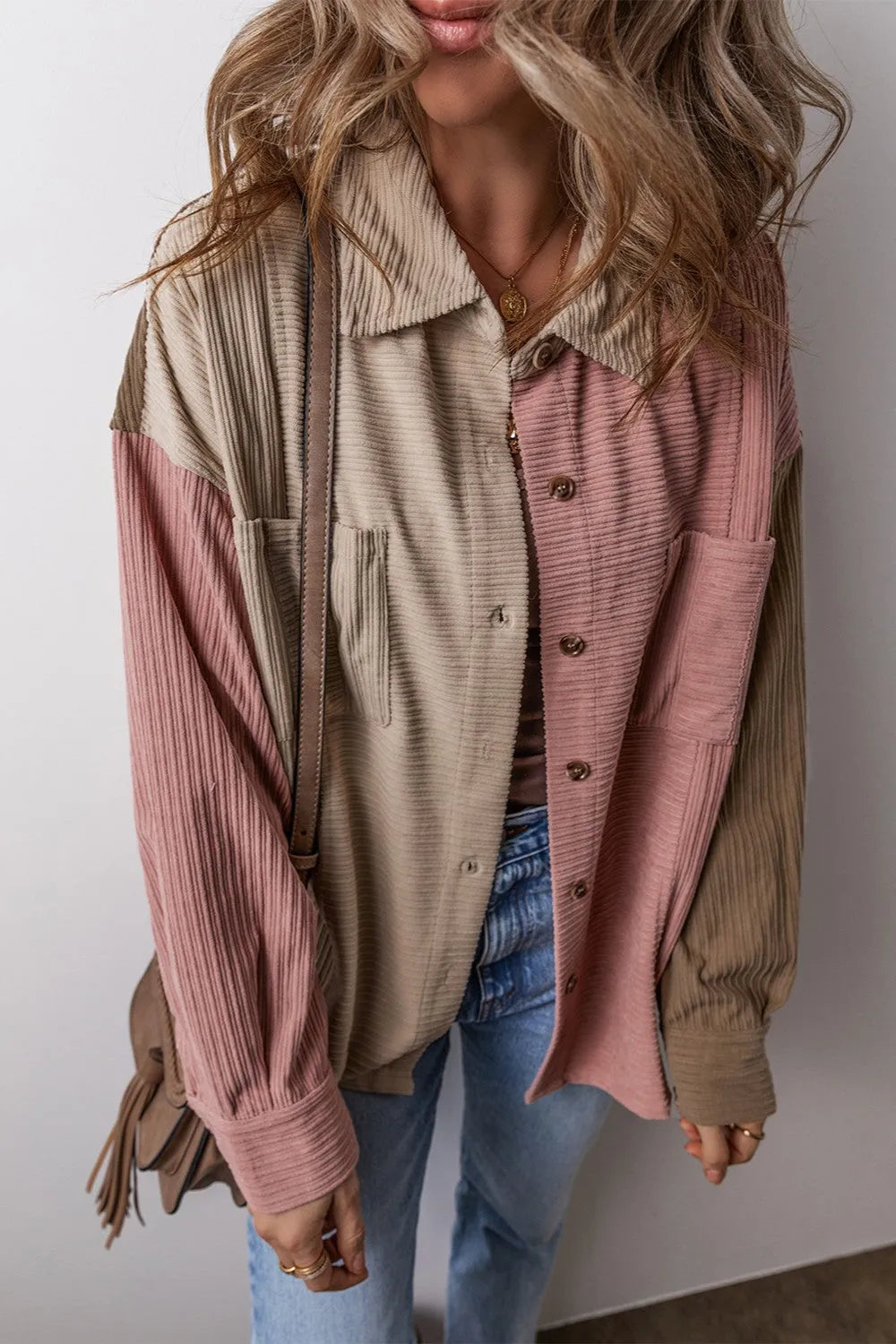 Button Up Color Block Long Sleeve Shacket - Wellen Fashion