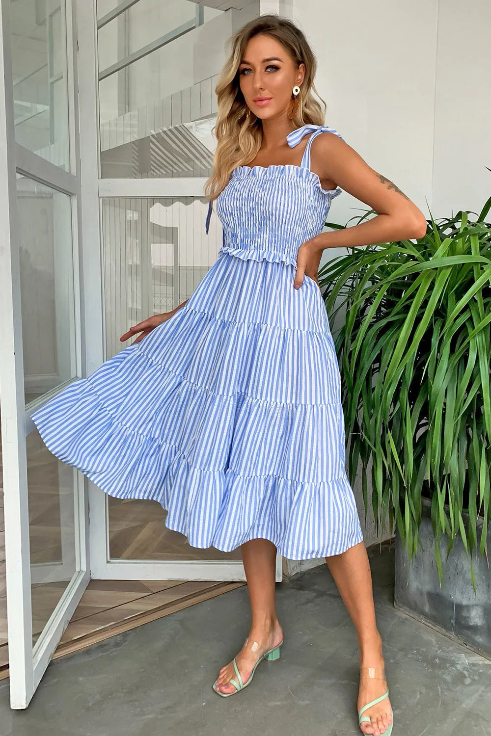 Striped Tie-Shoulder Tiered Dress - Wellen Fashion