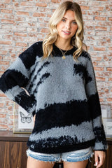 First Love Full Size Abstract Pattern Contrast Feather Yarn Sweater - Wellen Fashion