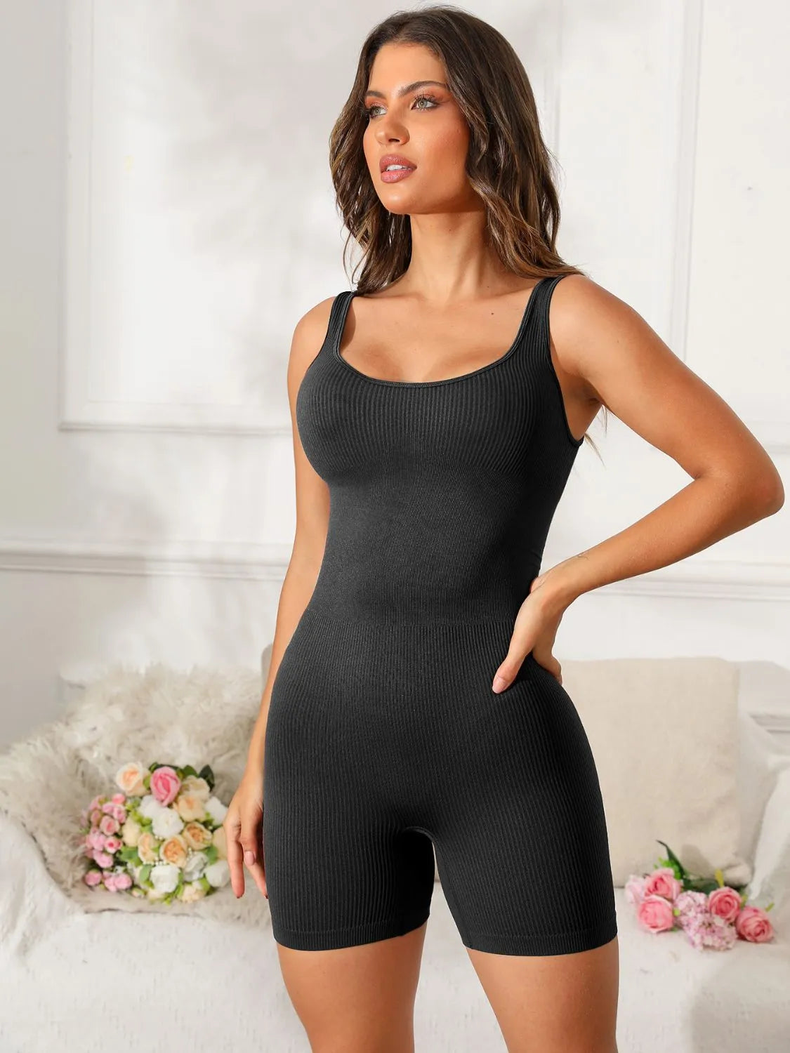 Scoop Neck Wide Strap Active Romper - Wellen Fashion