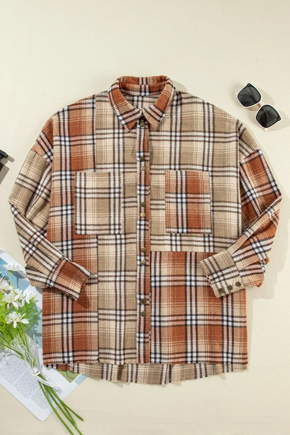 Plaid Snap Down Dropped Shoulder Shacket - Wellen Fashion