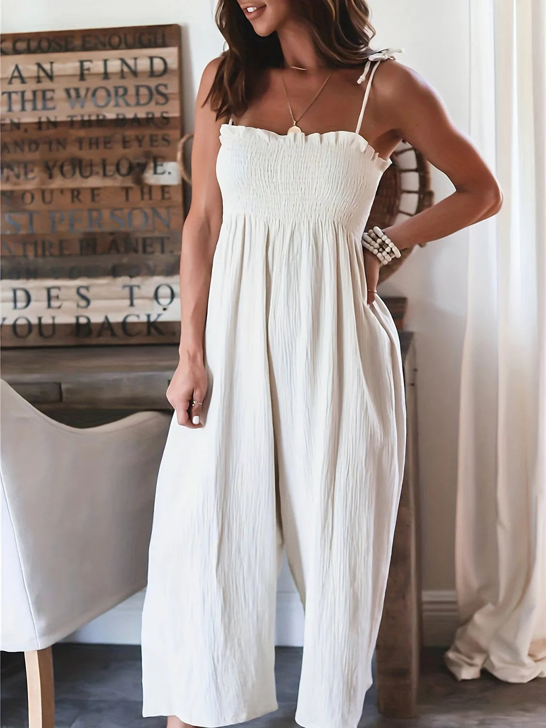 Full Size Smocked Spaghetti Strap Wide Leg Jumpsuit - Wellen Fashion