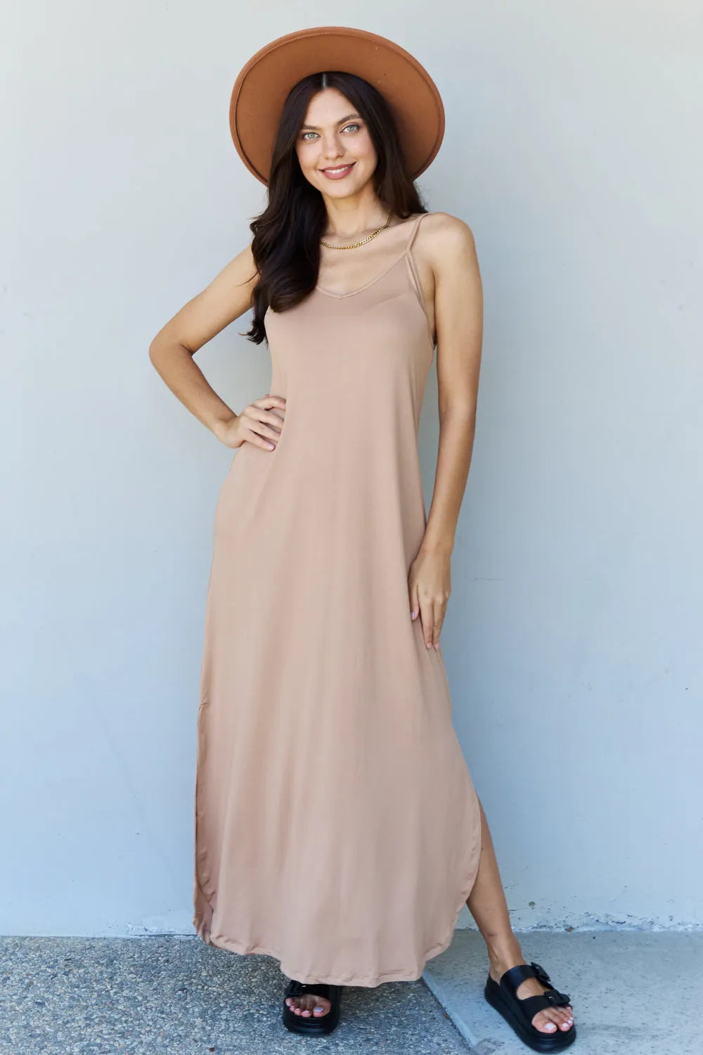 Ninexis Good Energy Full Size Cami Side Slit Maxi Dress in Camel - Wellen Fashion