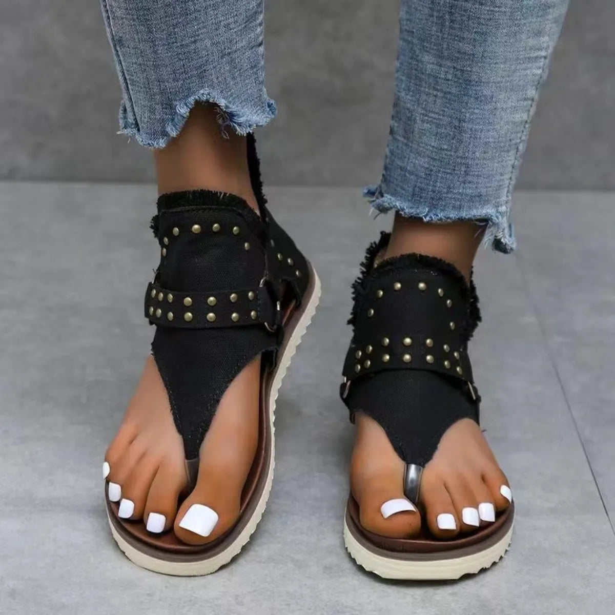 Studded Raw Hem Flat Sandals - Wellen Fashion