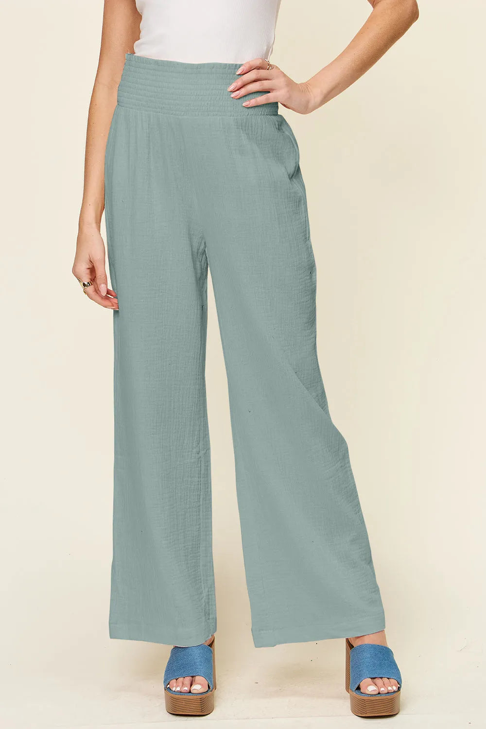 Double Take Full Size Texture Smocked Waist Wide Leg Pants - Wellen Fashion