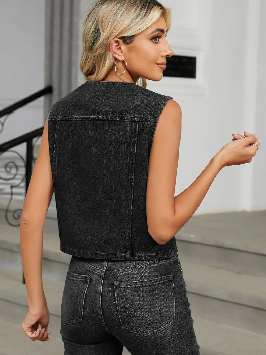 V-Neck Button Down Denim Vest - Wellen Fashion