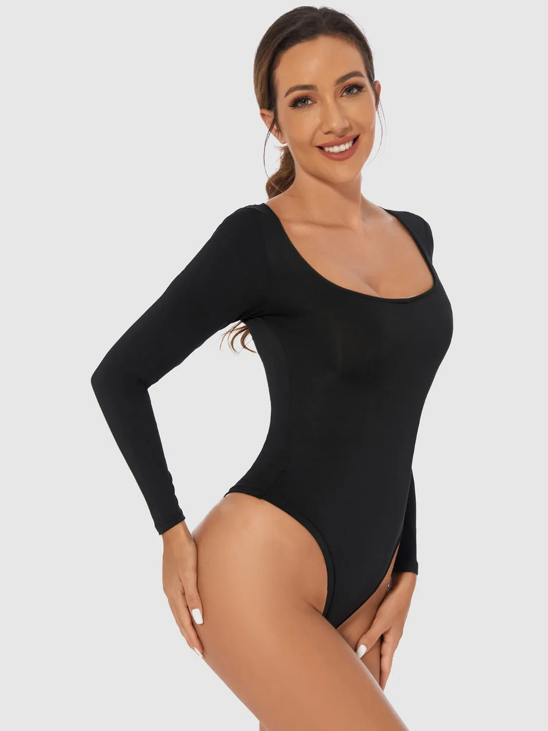 Full Size Scoop Neck Long Sleeve Bodysuit - Wellen Fashion