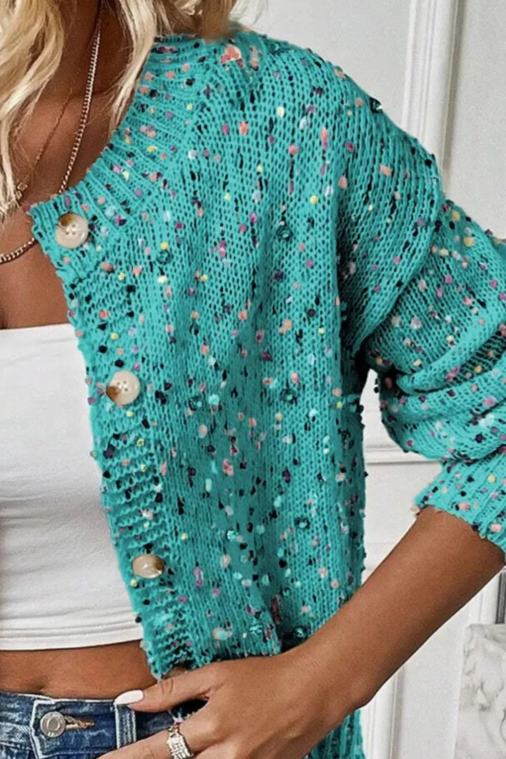 Confetti Button Up Long Sleeve Cardigan - Wellen Fashion