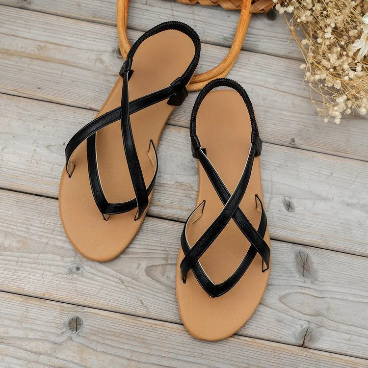 PU Leather Crisscross Flat Sandals - Wellen Fashion