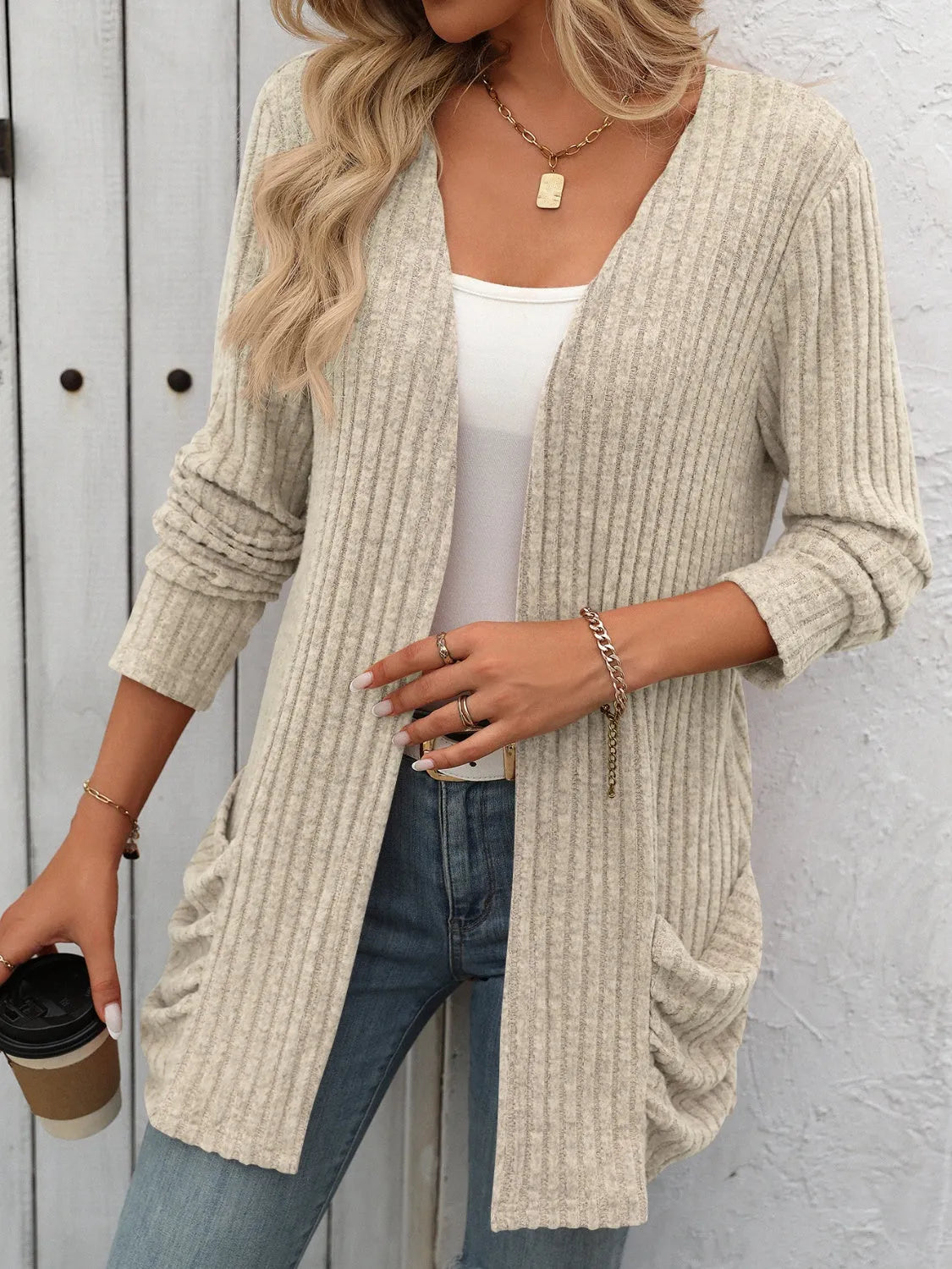 Open Front Long Sleeve Ribbed Cardigan - Wellen Fashion