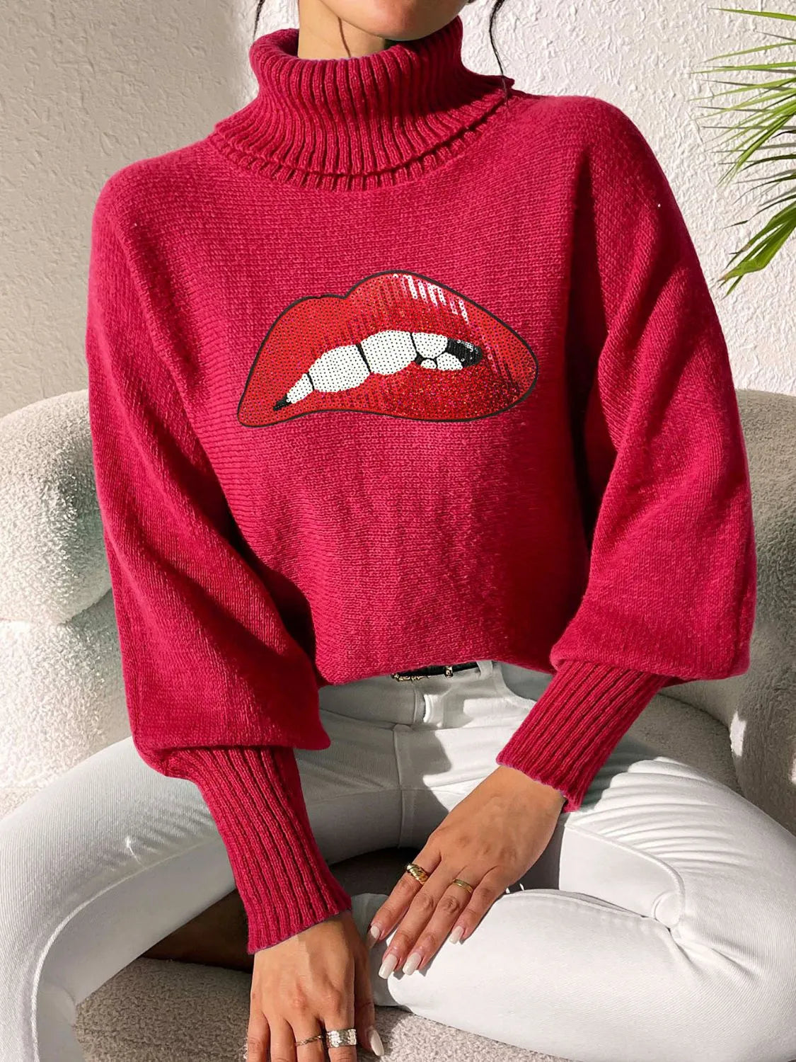 Lip Turtleneck Long Sleeve Sweater - Wellen Fashion