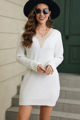 V-Neck Long Sleeve Mini Sweater Dress - Wellen Fashion