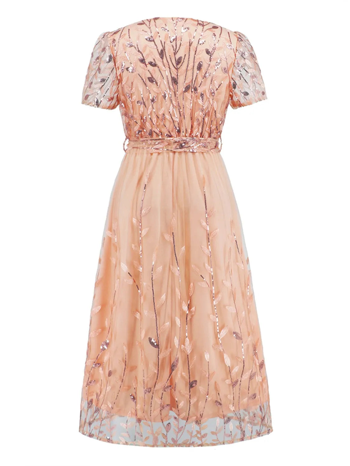 Sequin Leaf Embroidery Tie Front Short Sleeve Dress - Wellen Fashion