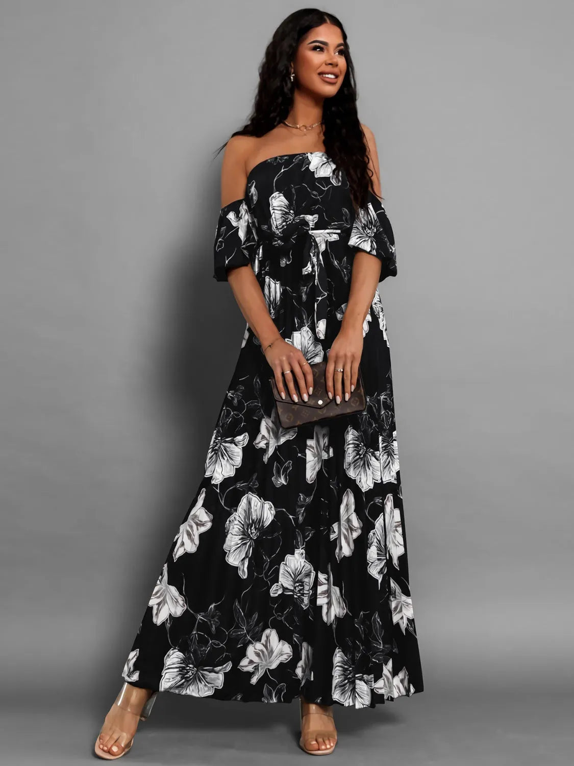 Pleated Floral Off-Shoulder Short Sleeve Midi Dress - Wellen Fashion