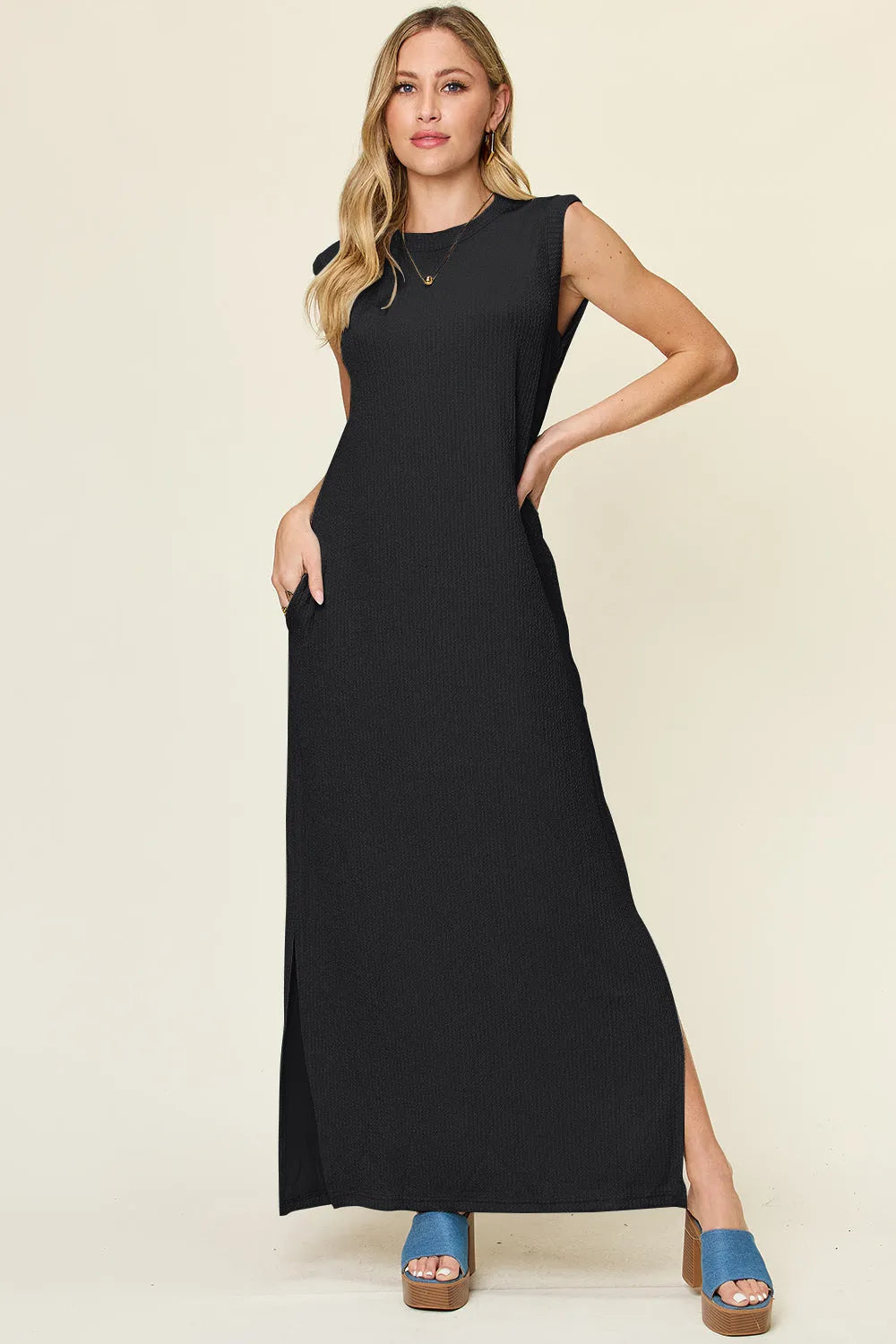 Double Take Full Size Texture Mock Neck Sleeveless Maxi Dress - Wellen Fashion