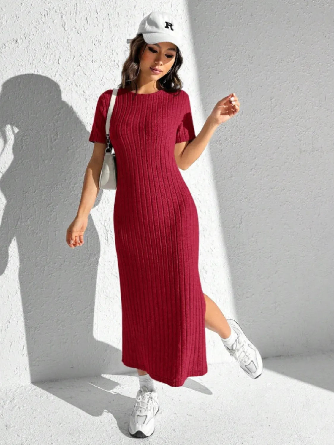 Slit Round Neck Short Sleeve Sweater Dress - Wellen Fashion