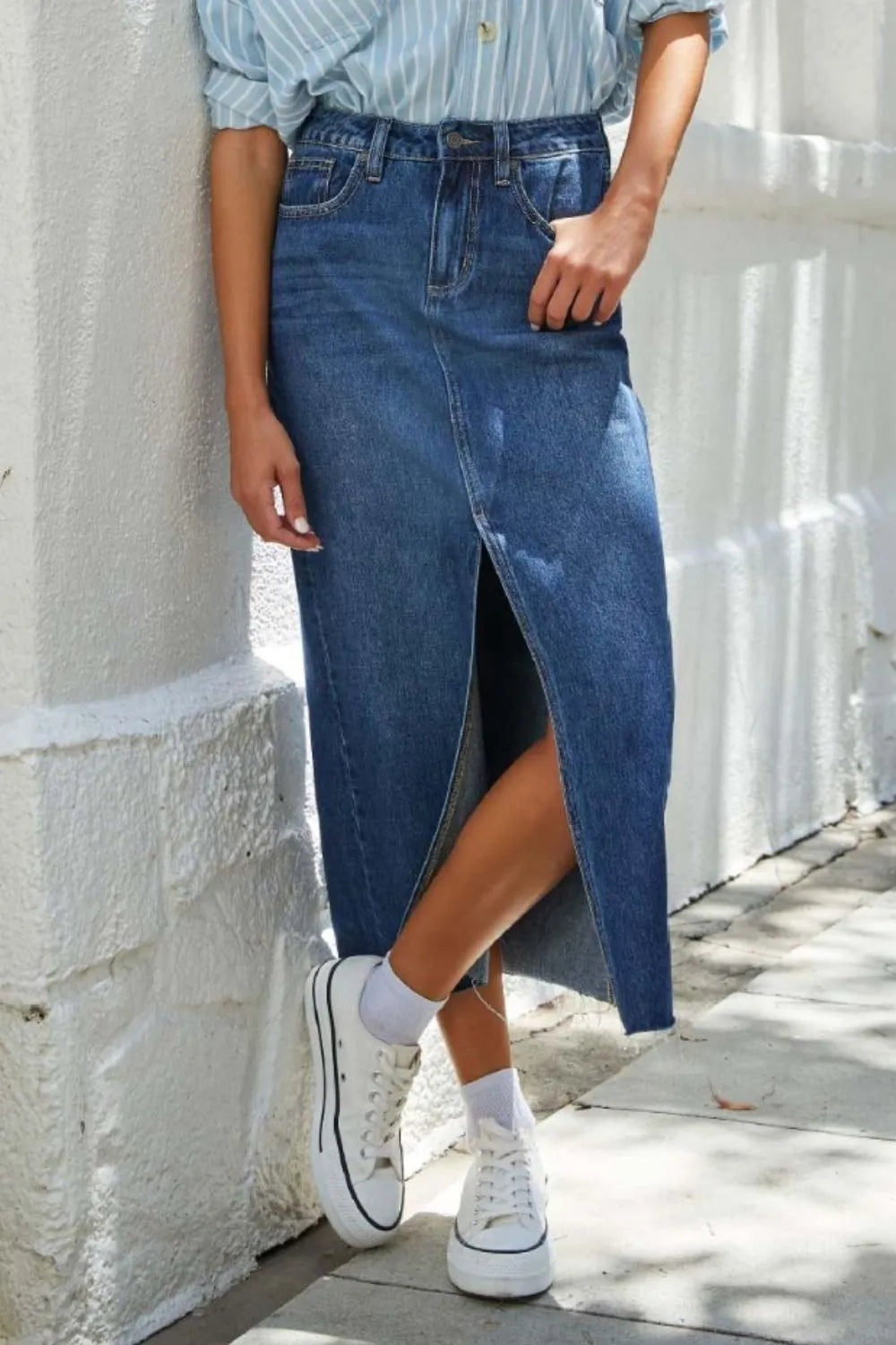 Slit Raw Hem Midi Denim Skirt - Wellen Fashion