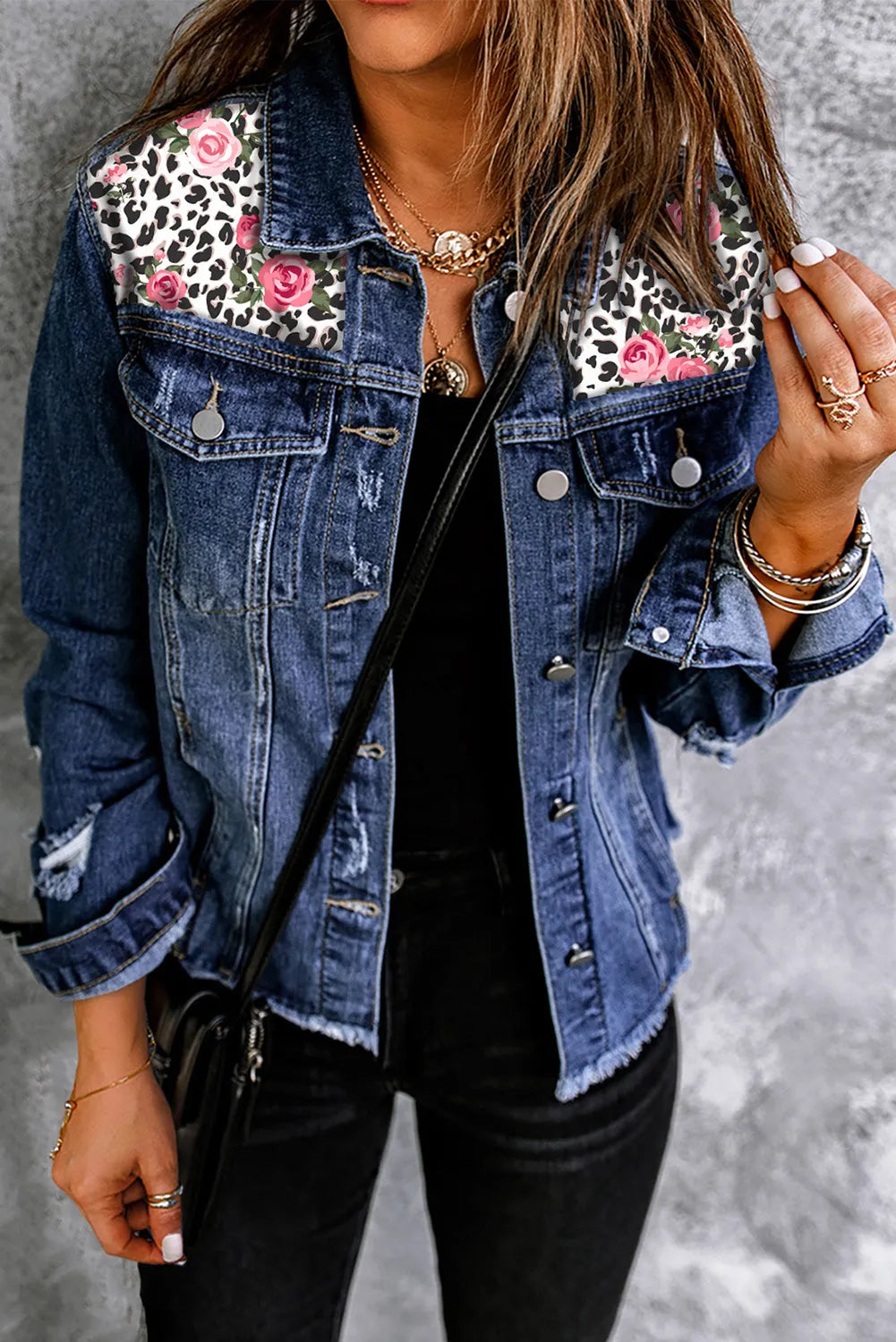 Mixed Print Distressed Button Front Denim Jacket - Wellen Fashion