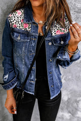 Mixed Print Distressed Button Front Denim Jacket - Wellen Fashion