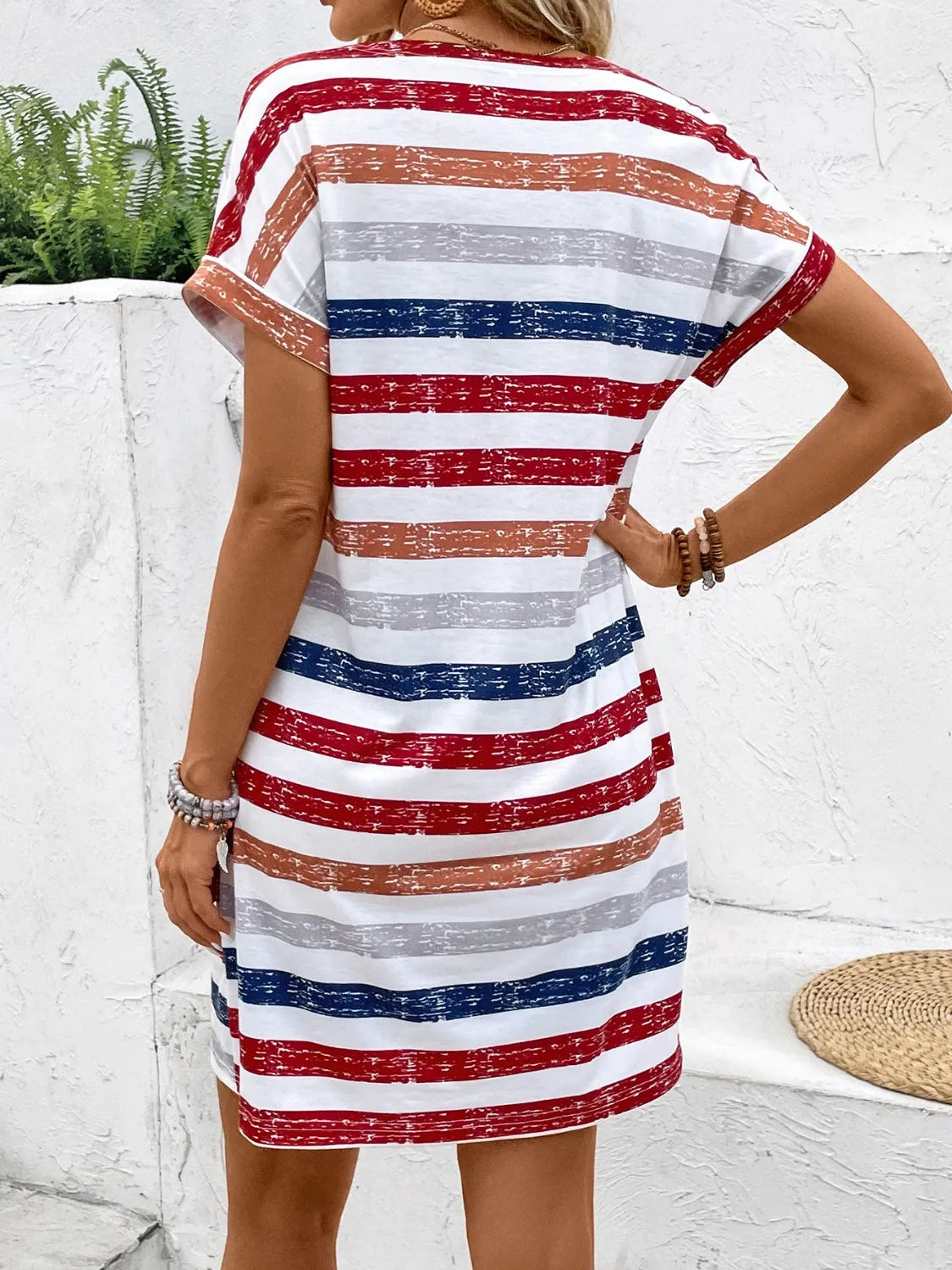 Striped V-Neck Short Sleeve Dress - Wellen Fashion