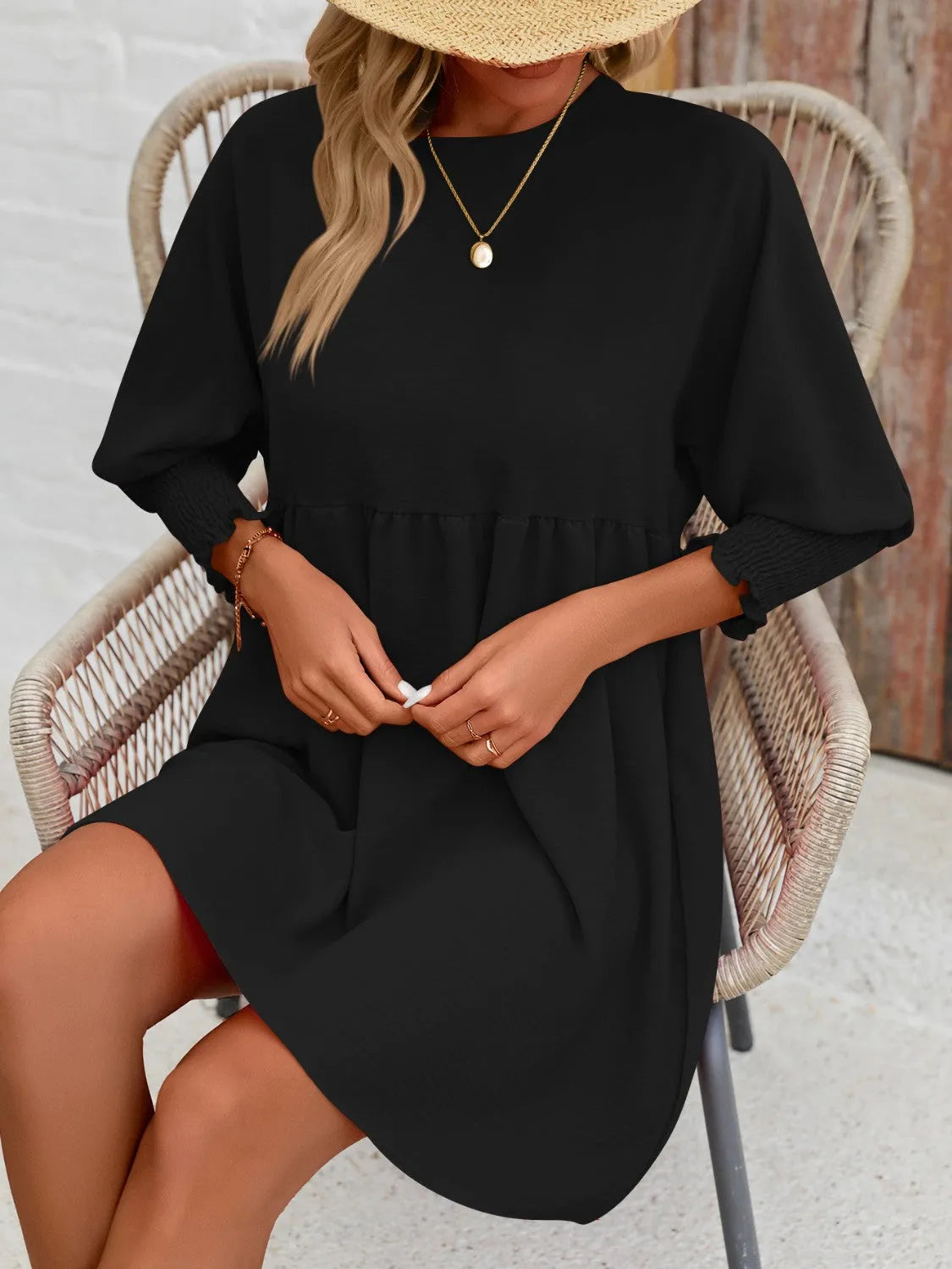 Round Neck Lantern Sleeve Mini Dress - Wellen Fashion